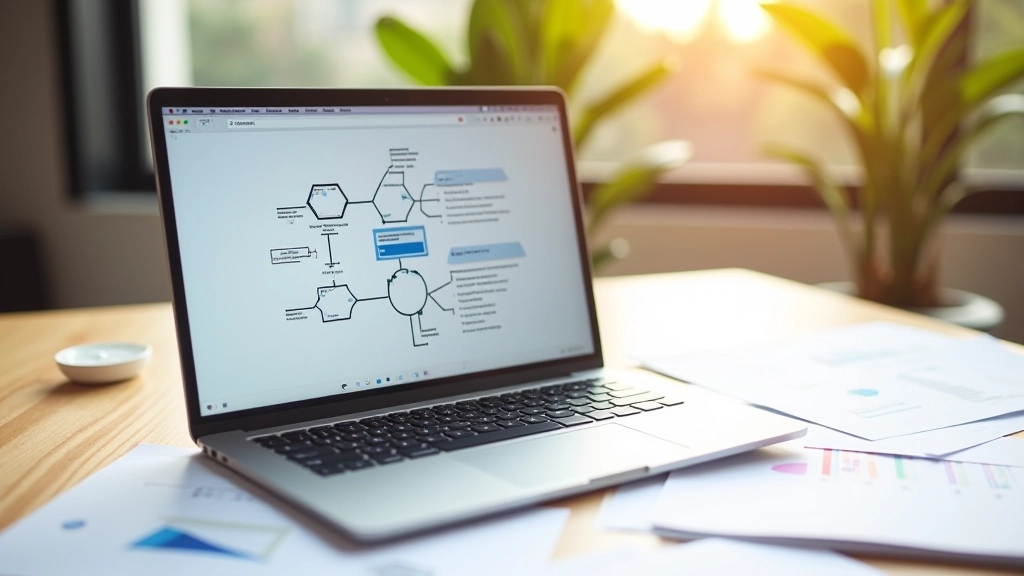 Laptop showing interconnected content nodes and relationship diagrams for a blog cluster structure