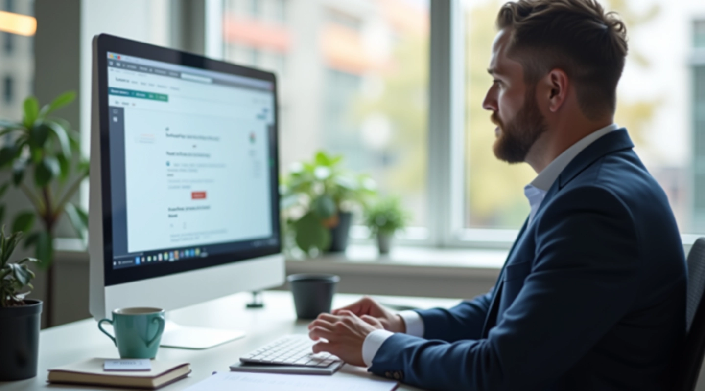 Content strategist reviewing topic clusters and keyword mapping on a large monitor at a professional desk